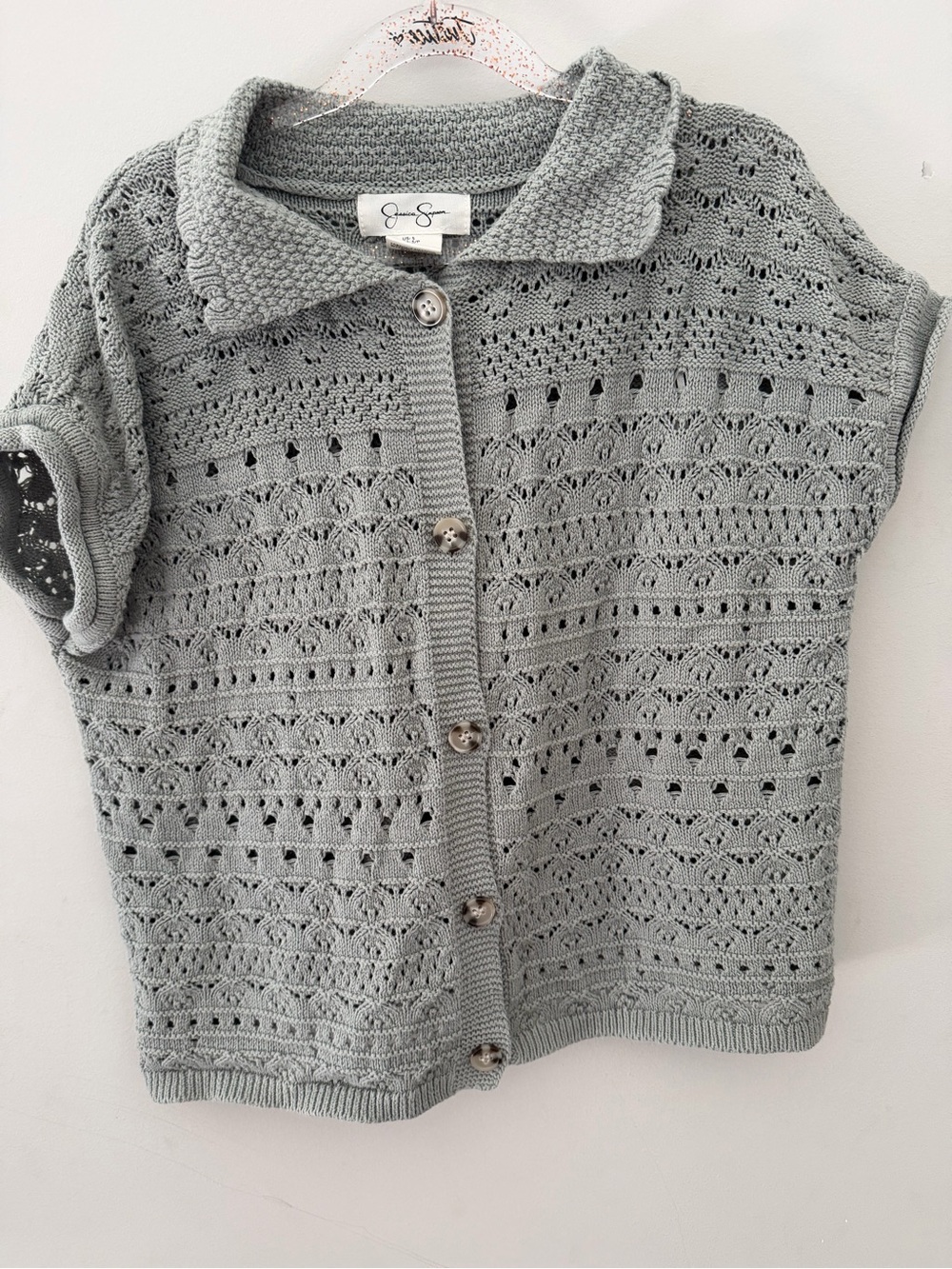 Jessica Simpson Gray Open-Knit Short Sleeve Button Cardigan